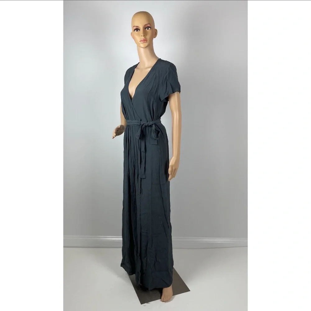 Dark Grey V-neck Tie-front Short Sleeve Wrapped Maxi Dress
